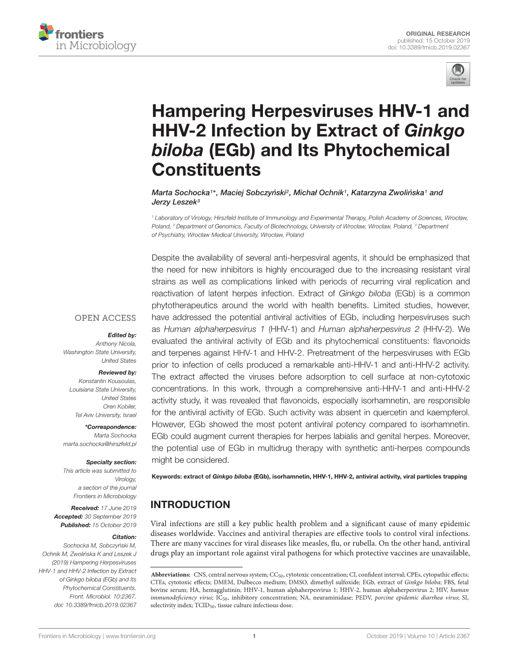 Hampering Herpesviruses HHV-1 and HHV-2 Infection by Extract of Ginkgo Biloba (Egb) and Its Phytochemical Constituents