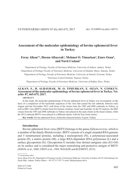 Assessment of the Molecular Epidemiology of Bovine Ephemeral Fever in Turkey