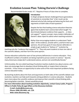 Evolution Lesson Plan: Taking Darwin's Challenge