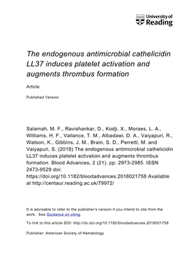 The Endogenous Antimicrobial Cathelicidin LL37 Induces Platelet Activation and Augments Thrombus Formation