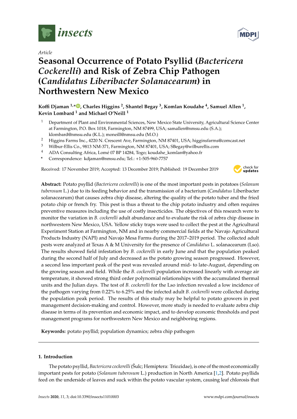 (Bactericera Cockerelli) and Risk of Zebra Chip Pathogen (Candidatus Liberibacter Solanacearum) in Northwestern New Mexico