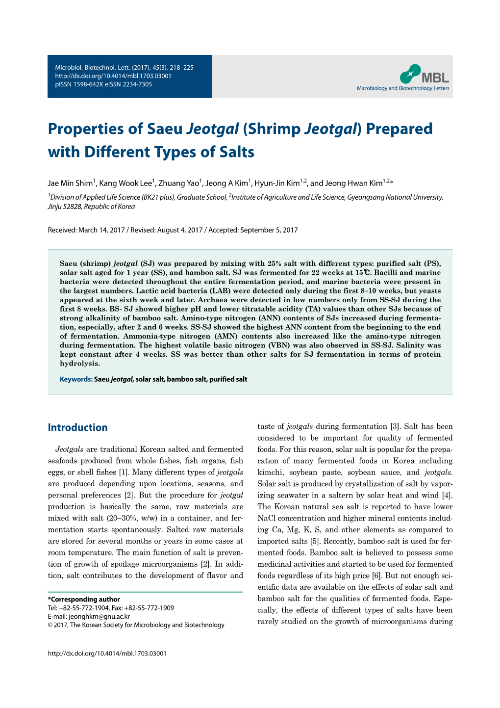 Properties of Saeu Jeotgal (Shrimp Jeotgal) Prepared with Different Types of Salts