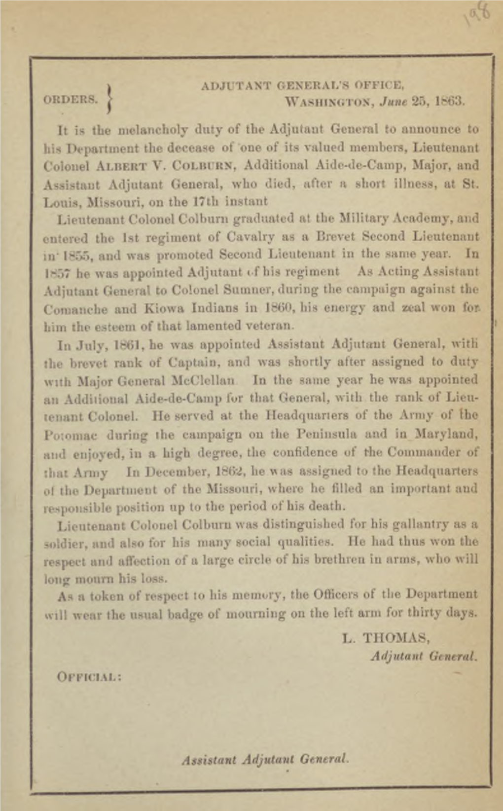 1863. Aide-De-Camp, Major, Died, After a Short Illness, at St. Louis