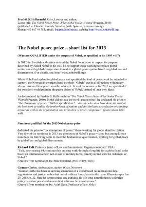 The Nobel Peace Prize – Short List for 2013
