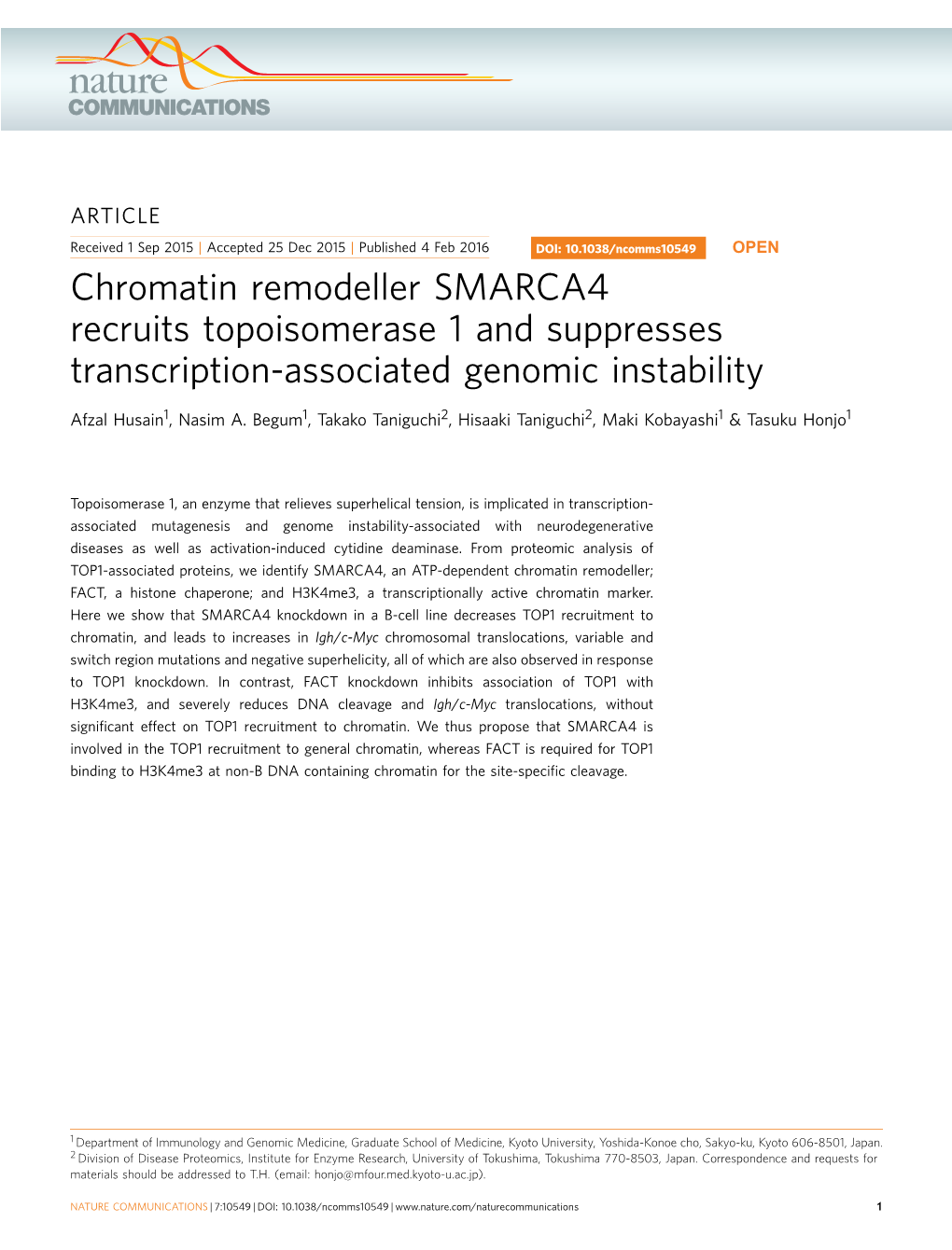 Chromatin Remodeller SMARCA4 Recruits Topoisomerase 1 and Suppresses Transcription-Associated Genomic Instability