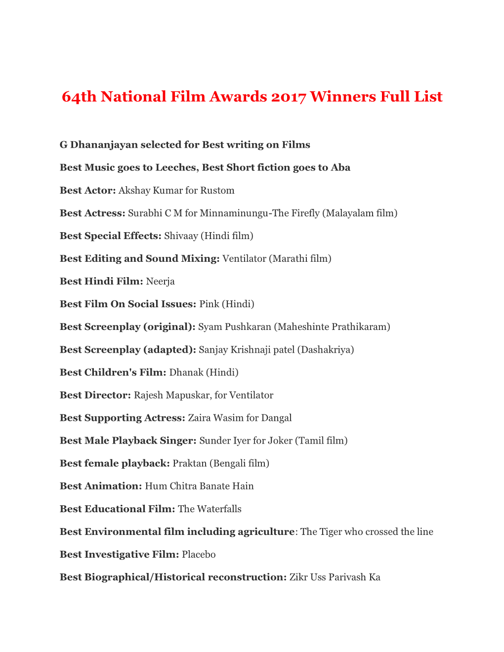 64Th National Film Awards 2017 Winners Full List