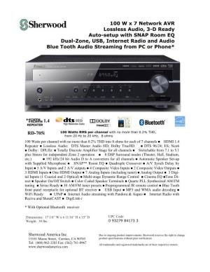 100 W X 7 Network AVR Lossless Audio, 3-D Ready Auto-Setup with SNAP Room EQ Dual-Zone, USB, Internet Radio and Audio Blue Tooth Audio Streaming from PC Or Phone*