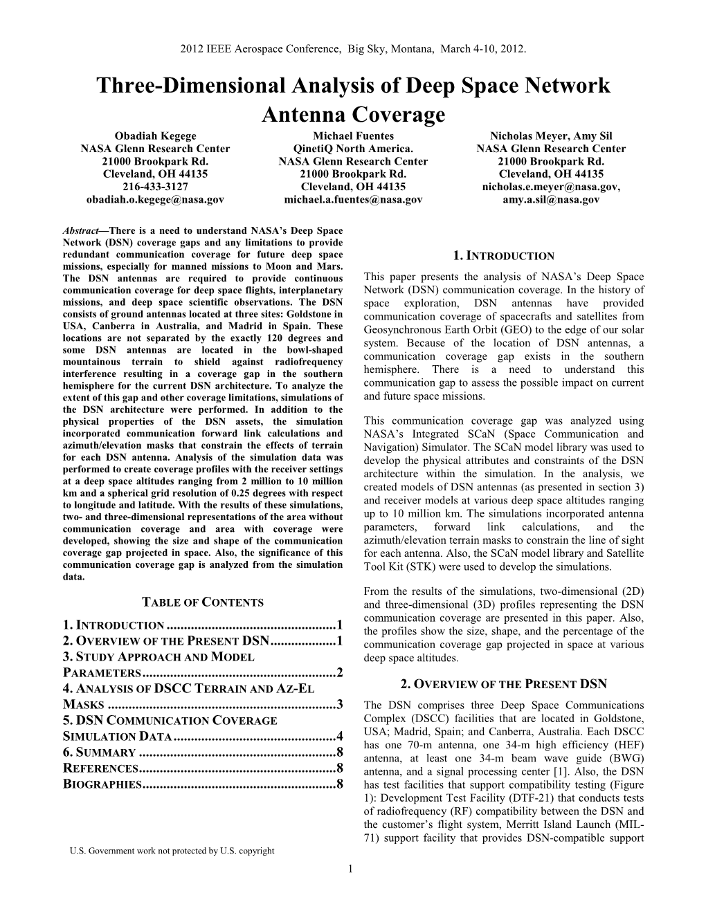 Three-Dimensional Analysis of Deep Space Network Antenna Coverage