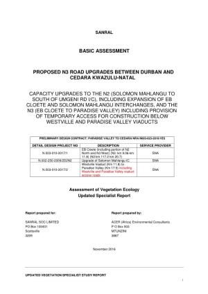 Basic Assessment Proposed N3 Road Upgrades Between Durban and Cedara Kwazulu-Natal Capacity Upgrades to the N2