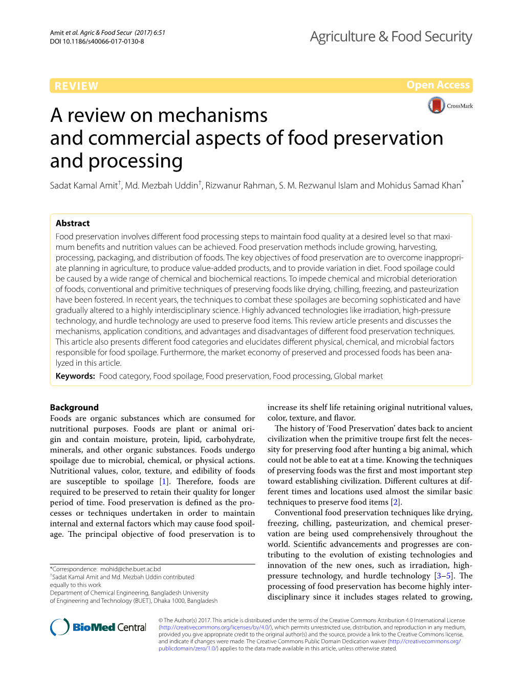 A Review on Mechanisms and Commercial Aspects of Food Preservation and Processing Sadat Kamal Amit†, Md