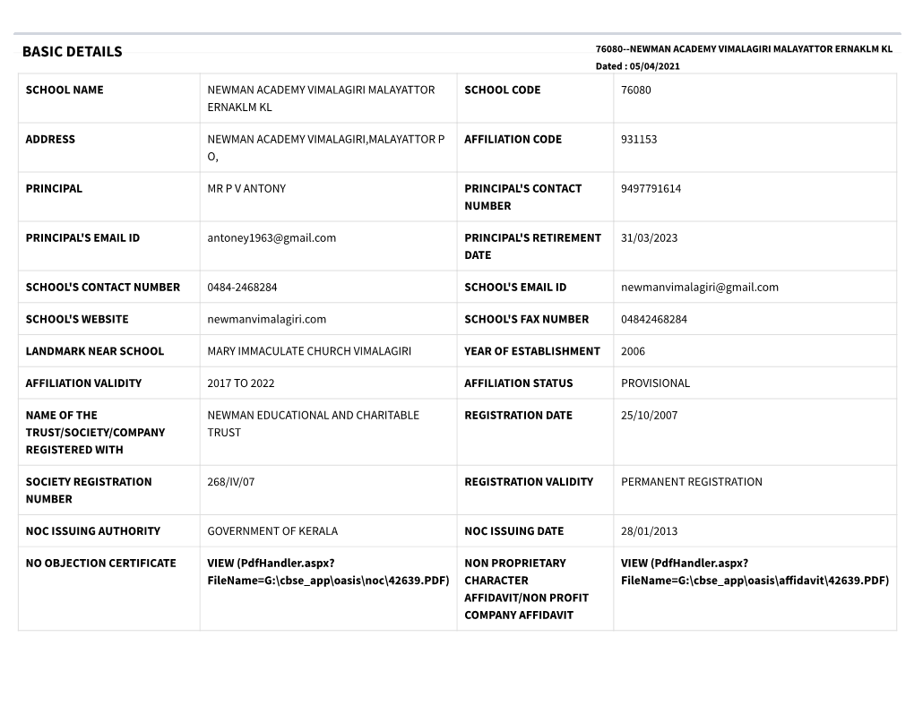 BASIC DETAILS 76080--NEWMAN ACADEMY VIMALAGIRI MALAYATTOR ERNAKLM KL Dated : 05/04/2021
