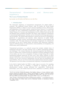 Transnational Governance and Democratic Legitimacy the Case of Global Health by Louise Van Schaik and Remco Van De Pas