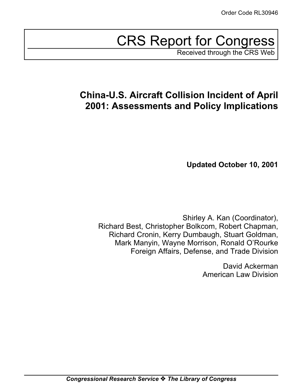 China-US Aircraft Collision Incident of April 2001