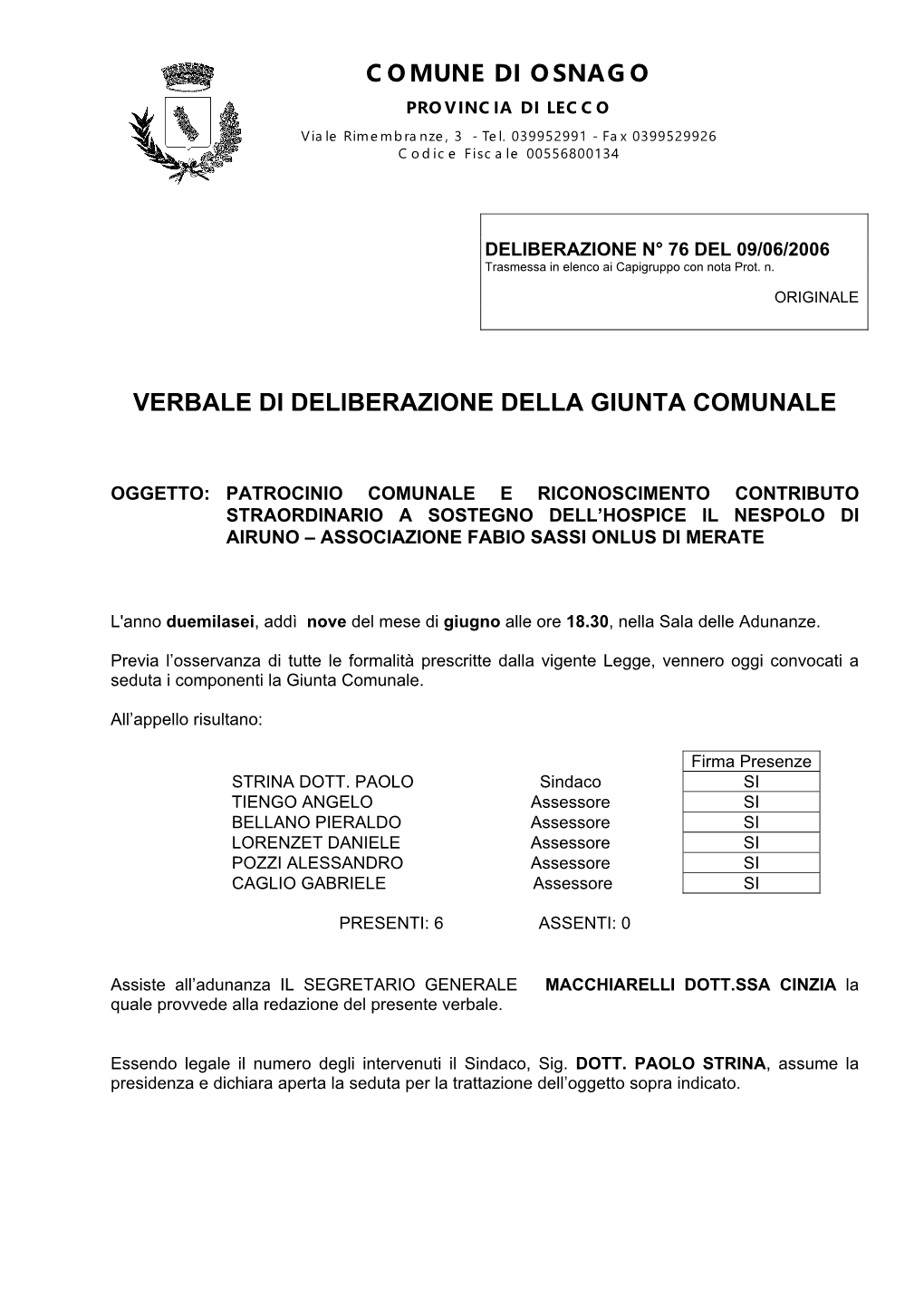 Comune Di Osnago Verbale Di Deliberazione Della Giunta Comunale