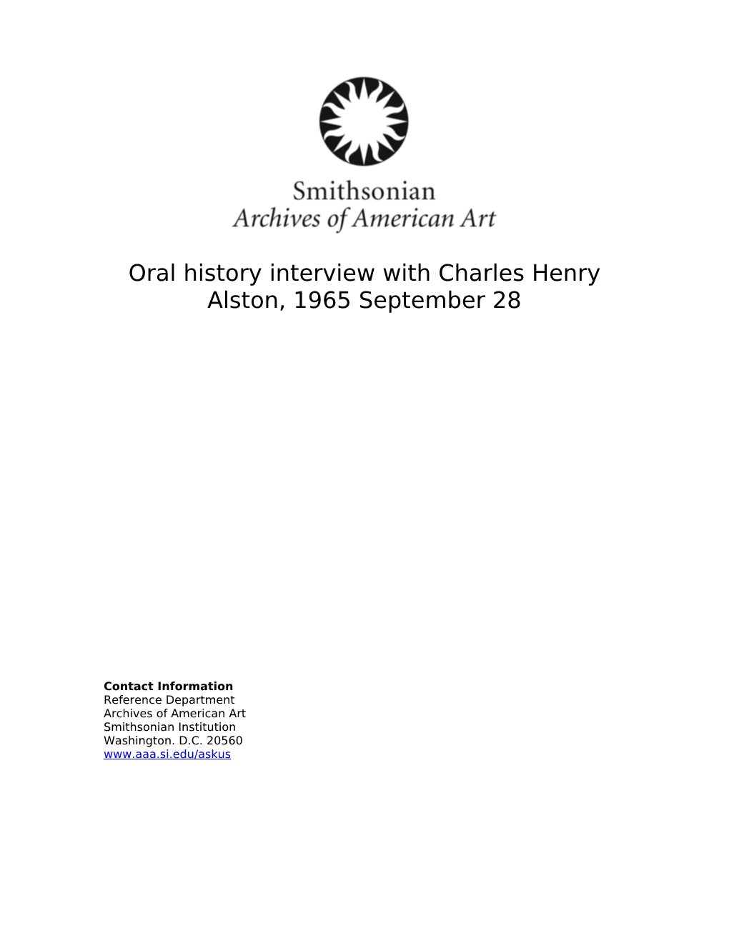 Oral History Interview with Charles Henry Alston, 1965 September 28