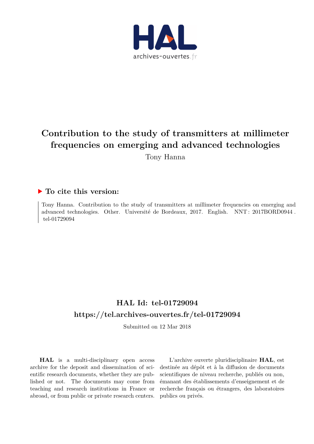 Contribution to the Study of Transmitters at Millimeter Frequencies on Emerging and Advanced Technologies Tony Hanna