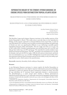 Reproductive Biology of the Stingray Hypanus Marianae, an Endemic Species from Southwestern Tropical Atlantic Ocean