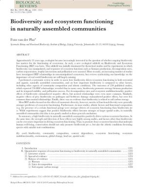 Biodiversity and Ecosystem Functioning in Naturally Assembled Communities