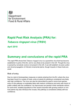 Rapid Pest Risk Analysis (PRA) For: Tobacco Ringspot Virus (TRSV)