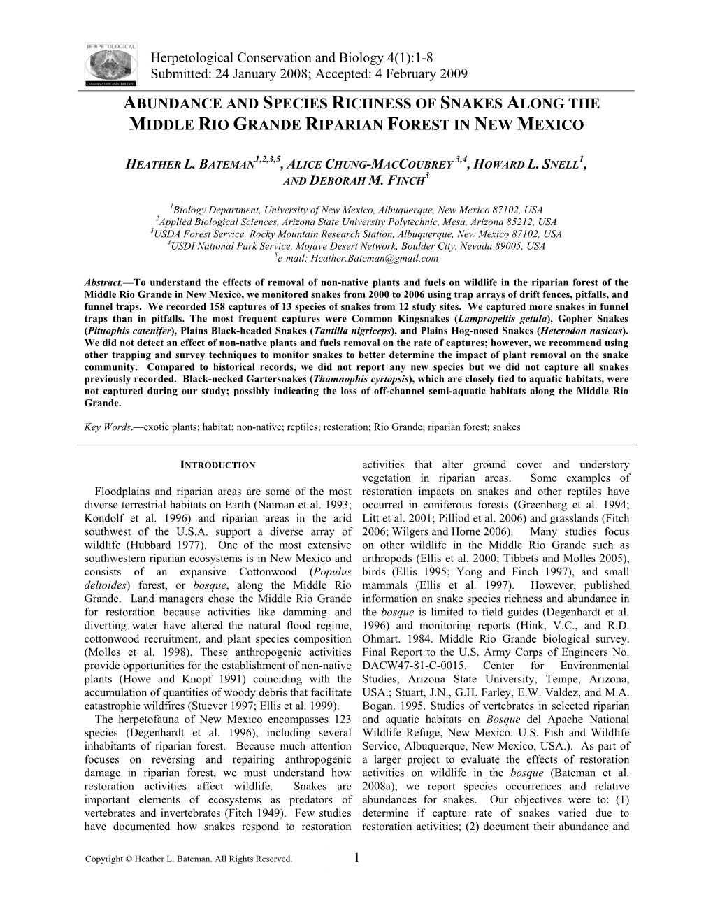 Abundance and Species Richness of Snakes Along the Middle Rio Grande Riparian Forest in New Mexico