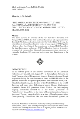 “The American People Know So Little”: the Palestine Arab Refugee Office and the Challenges of Anti-Orientalism in the United States, 1955–1962