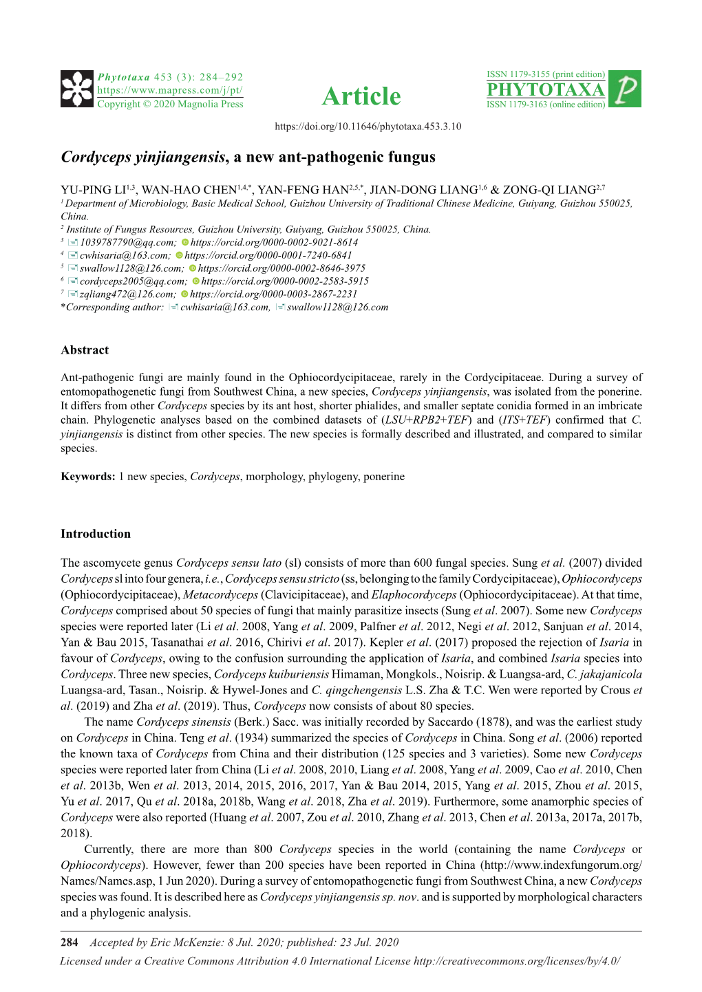 Cordyceps Yinjiangensis, a New Ant-Pathogenic Fungus