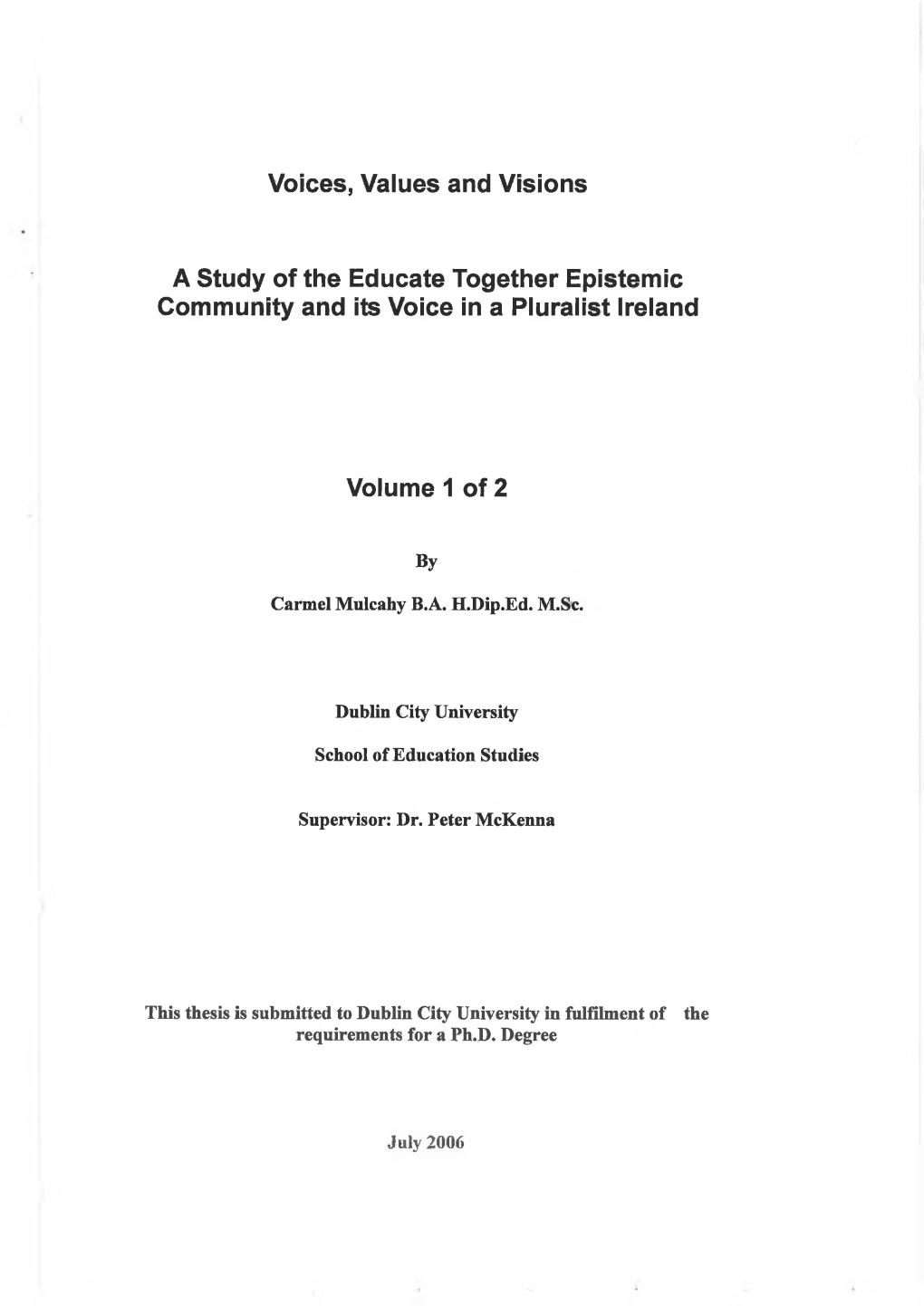 Voices, Values and Visions a Study of the Educate Together Epistemic