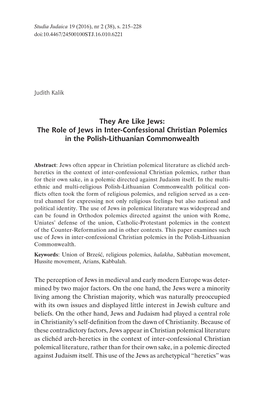 They Are Like Jews: the Role of Jews in Inter-Confessional Christian Polemics in the Polish-Lithuanian Commonwealth