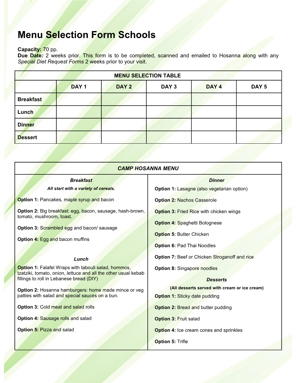 Menu Selection Form Schools Capacity: 70 Pp