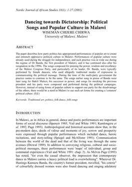 Dancing Towards Dictatorship: Political Songs and Popular Culture in Malawi WISEMAN CHIJERE CHIRWA University of Malawi, Malawi