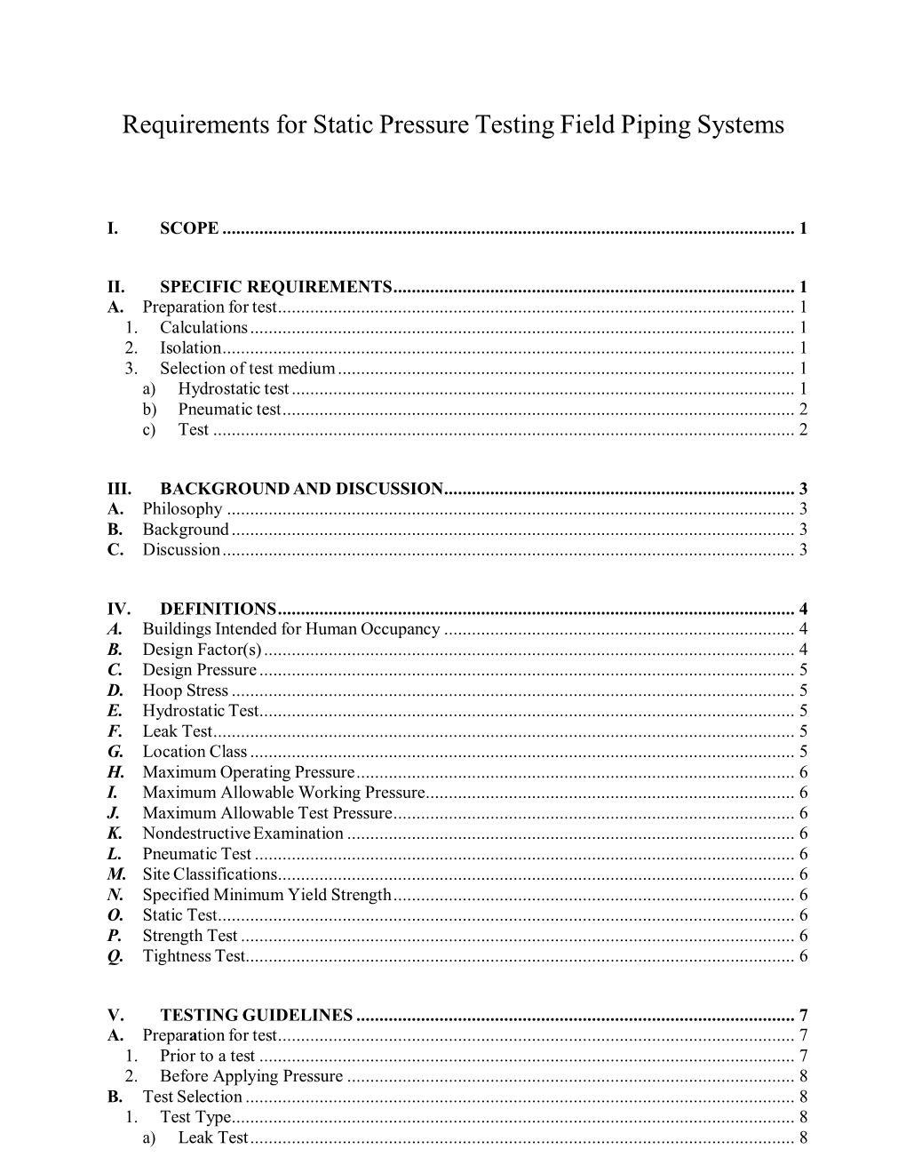 Requirements for Static Pressure Testing Field Piping Systems