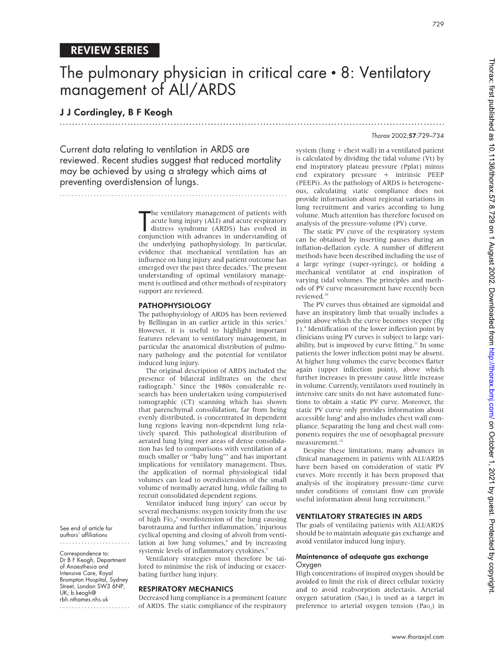 Ventilatory Management of ALI/ARDS J J Cordingley, B F Keogh