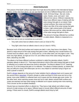 Albedo Reading Guide This Picture of the Earth Surface Was Taken from High Above the Planet in the International Space Station