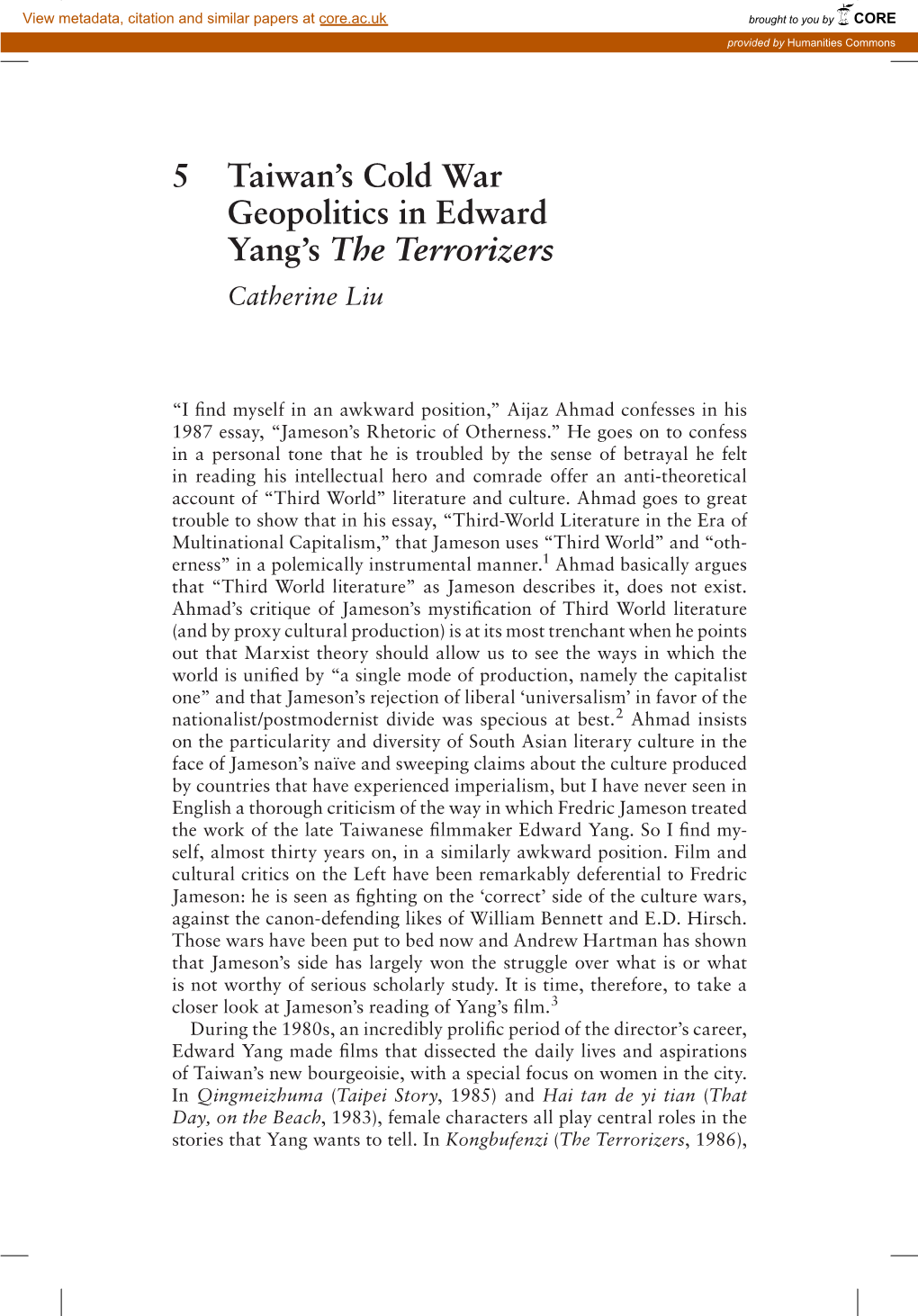 5 Taiwan's Cold War Geopolitics in Edward Yang's the Terrorizers