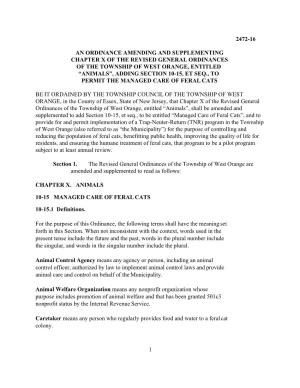 1 2472-16 an Ordinance Amending and Supplementing Chapter X of the Revised General Ordinances of the Township of West Orange, En