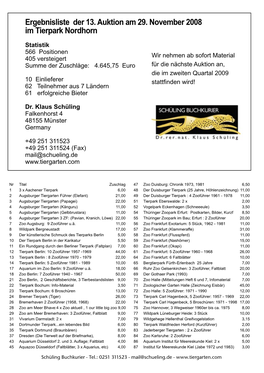 Ergebnisliste Der 13. Auktion Am 29. November 2008 Im Tierpark Nordhorn
