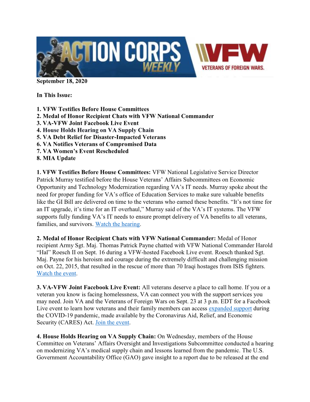 September 18, 2020 in This Issue: 1. VFW Testifies Before House