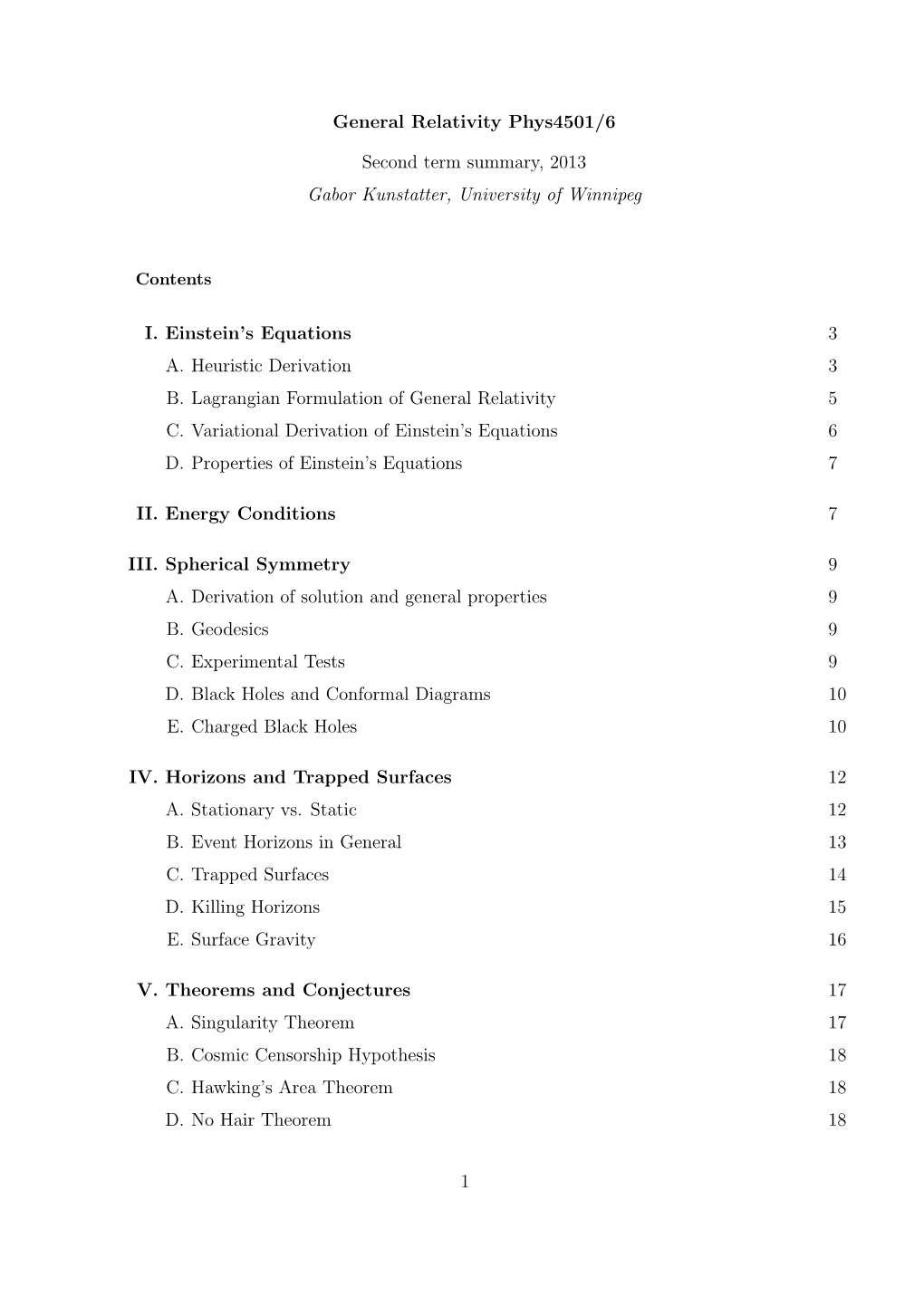 General Relativity Phys4501/6 Second Term Summary, 2013 Gabor