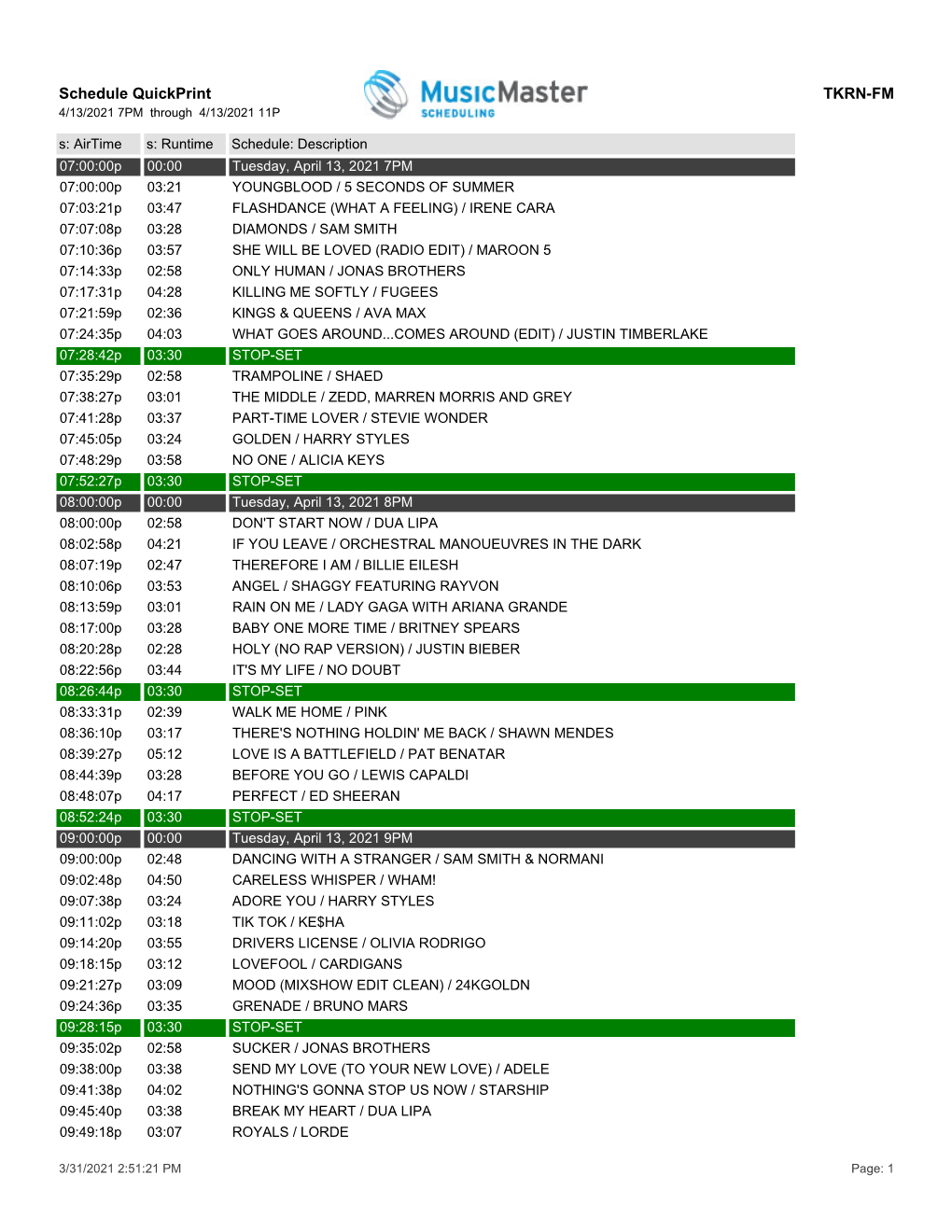 Schedule Quickprint TKRN-FM