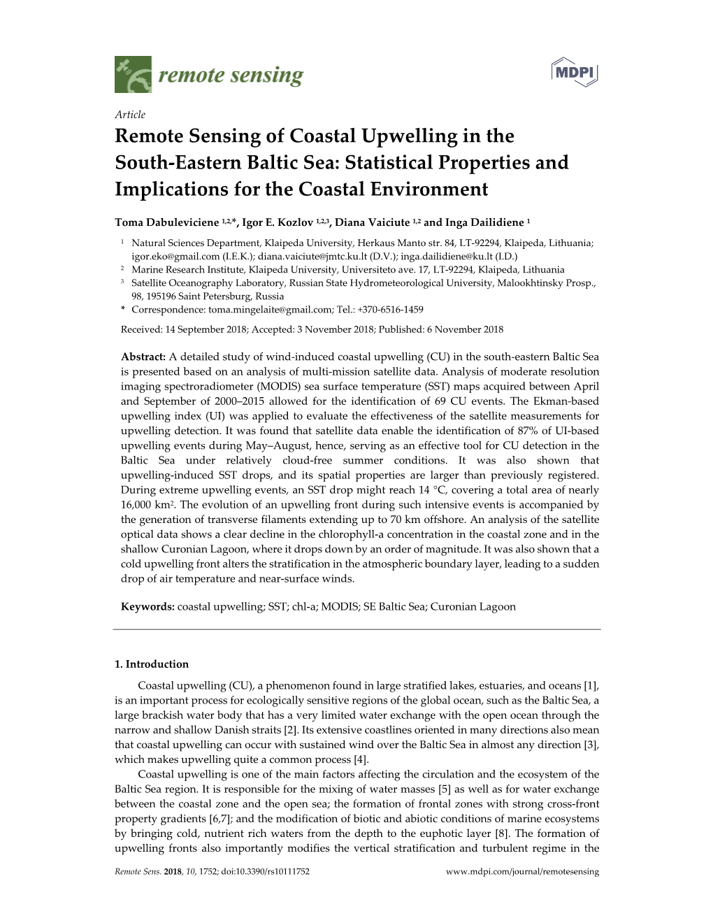 Remote Sensing of Coastal Upwelling in the South-Eastern Baltic Sea: Statistical Properties and Implications for the Coastal Environment