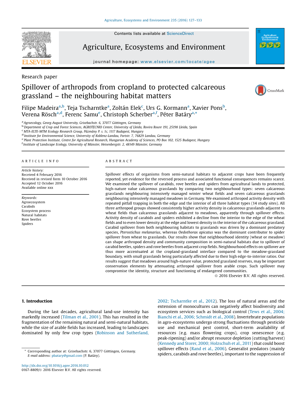 Spillover of Arthropods from Cropland to Protected Calcareous Grassland – the Neighbouring Habitat Matters Agriculture, Ecosys