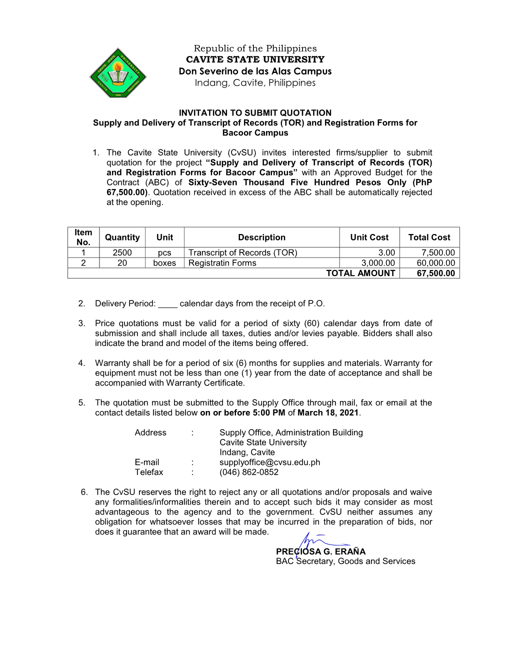 And Registration Forms for Bacoor Campus