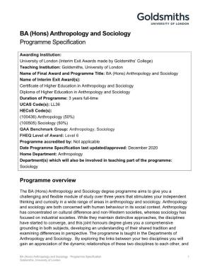 BA (Hons) Anthropology and Sociology Programme Specification