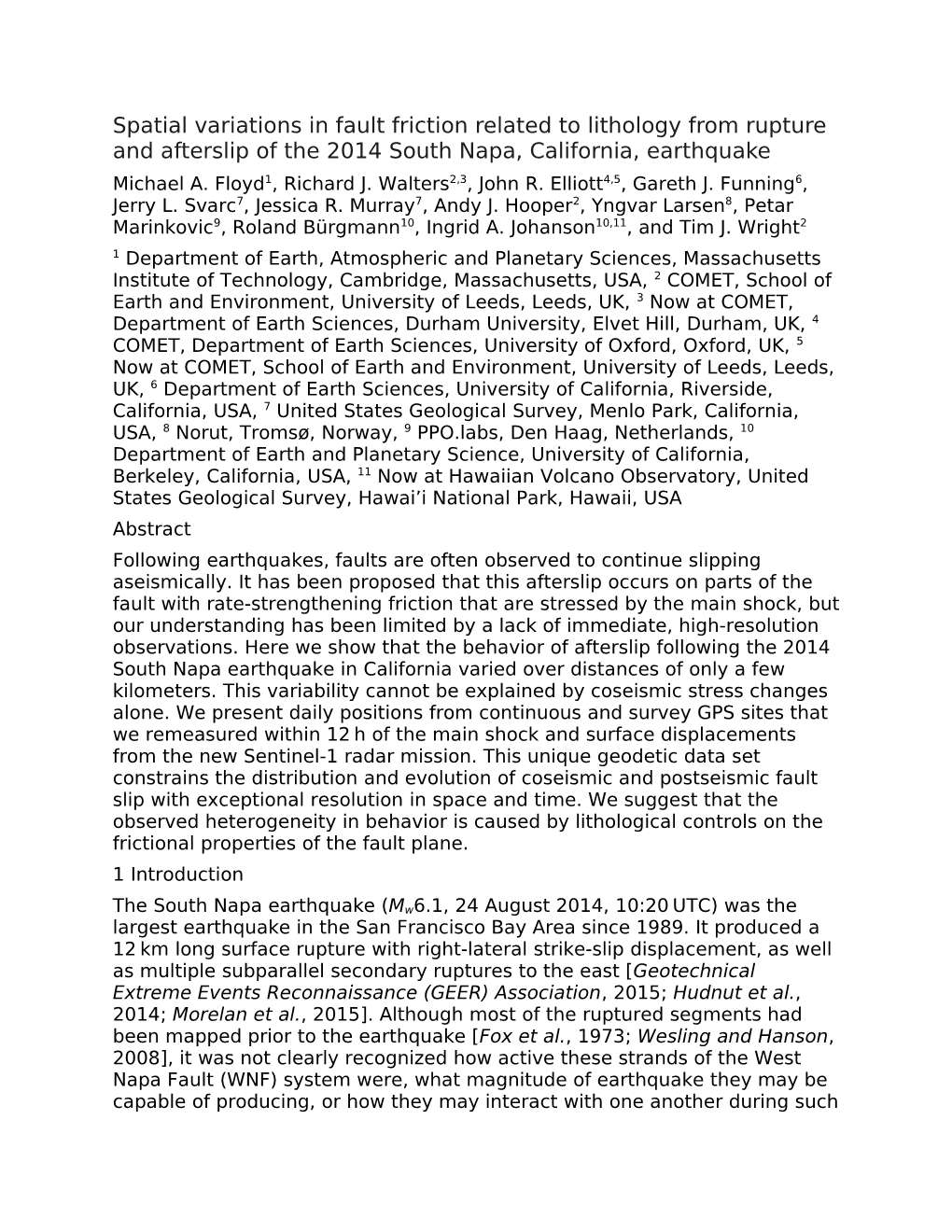 Spatial Variations in Fault Friction Related to Lithology from Rupture and Afterslip of the 2014 South Napa, California, Earthquake Michael A