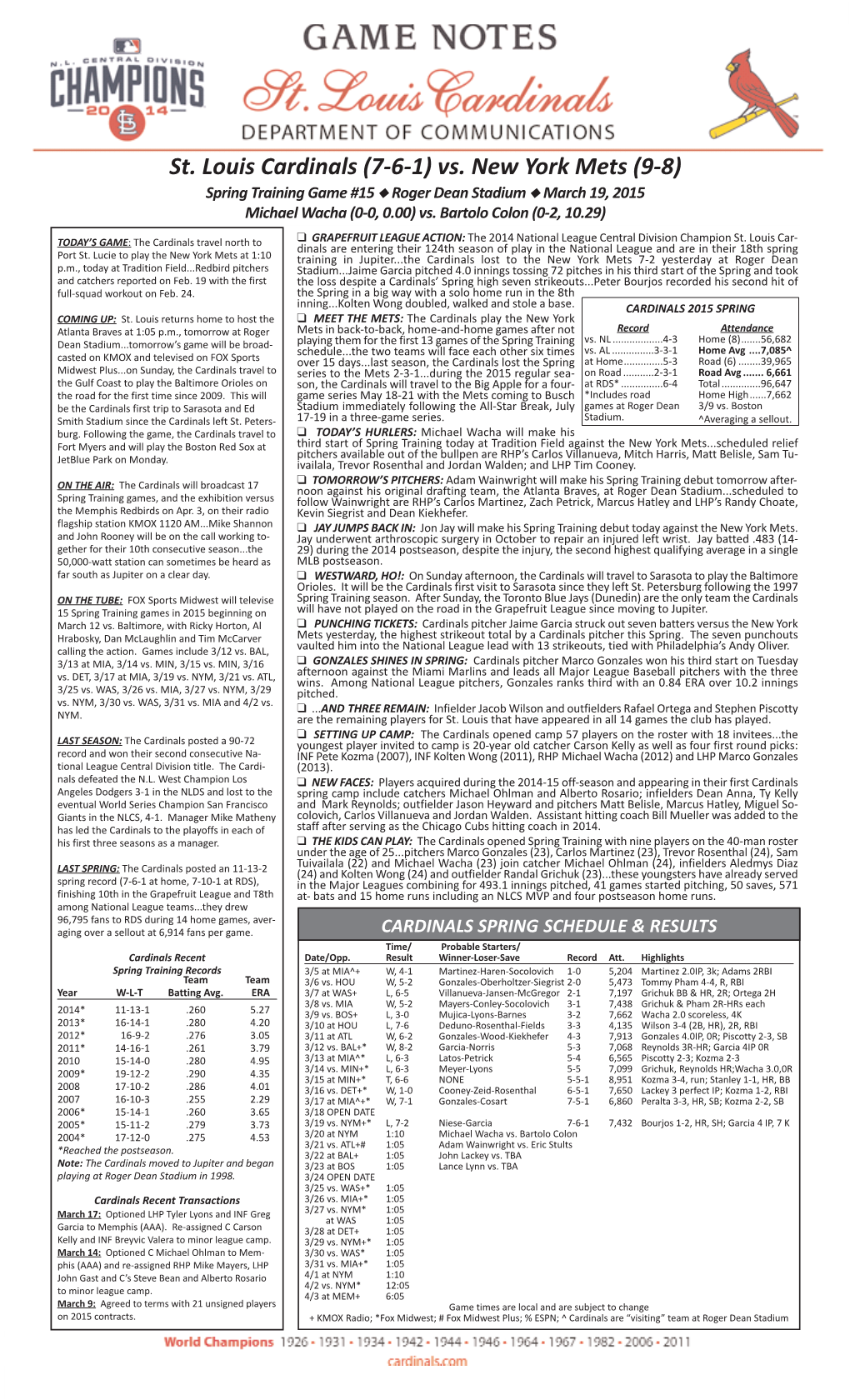 St. Louis Cardinals (7-6-1) Vs. New York Mets (9-8) Spring Training Game #15 N Roger Dean Stadium N March 19, 2015 Michael Wacha (0-0, 0.00) Vs