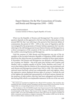 Expert Opinion: on the War Connections of Croatia and Bosnia and Herzegovina (1991 – 1995)