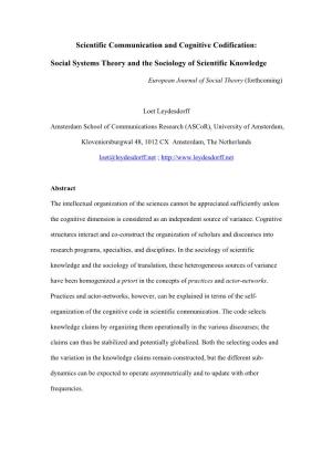 Social Systems Theory and the Sociology of Scientific Knowledge