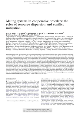 Mating Systems in Cooperative Breeders : the Roles of Resource Dispersion and Conflict Mitigation