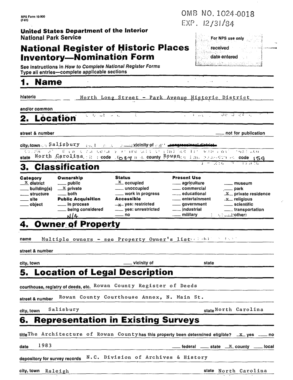 Tistoric Places Inventory-Nomination Form 1. Name 2. Location