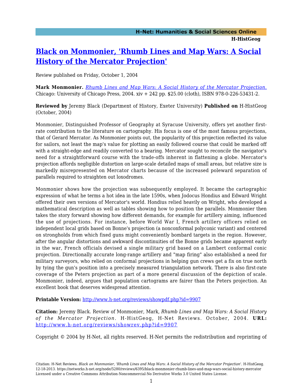 Black on Monmonier, 'Rhumb Lines and Map Wars: a Social History of the Mercator Projection'